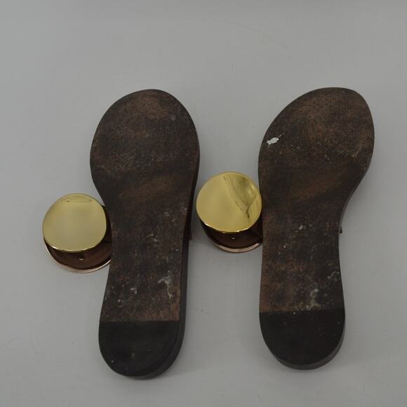 Tory Burch Brown Gold Sandals Circle Plates Size 8 - Picture 3 of 13